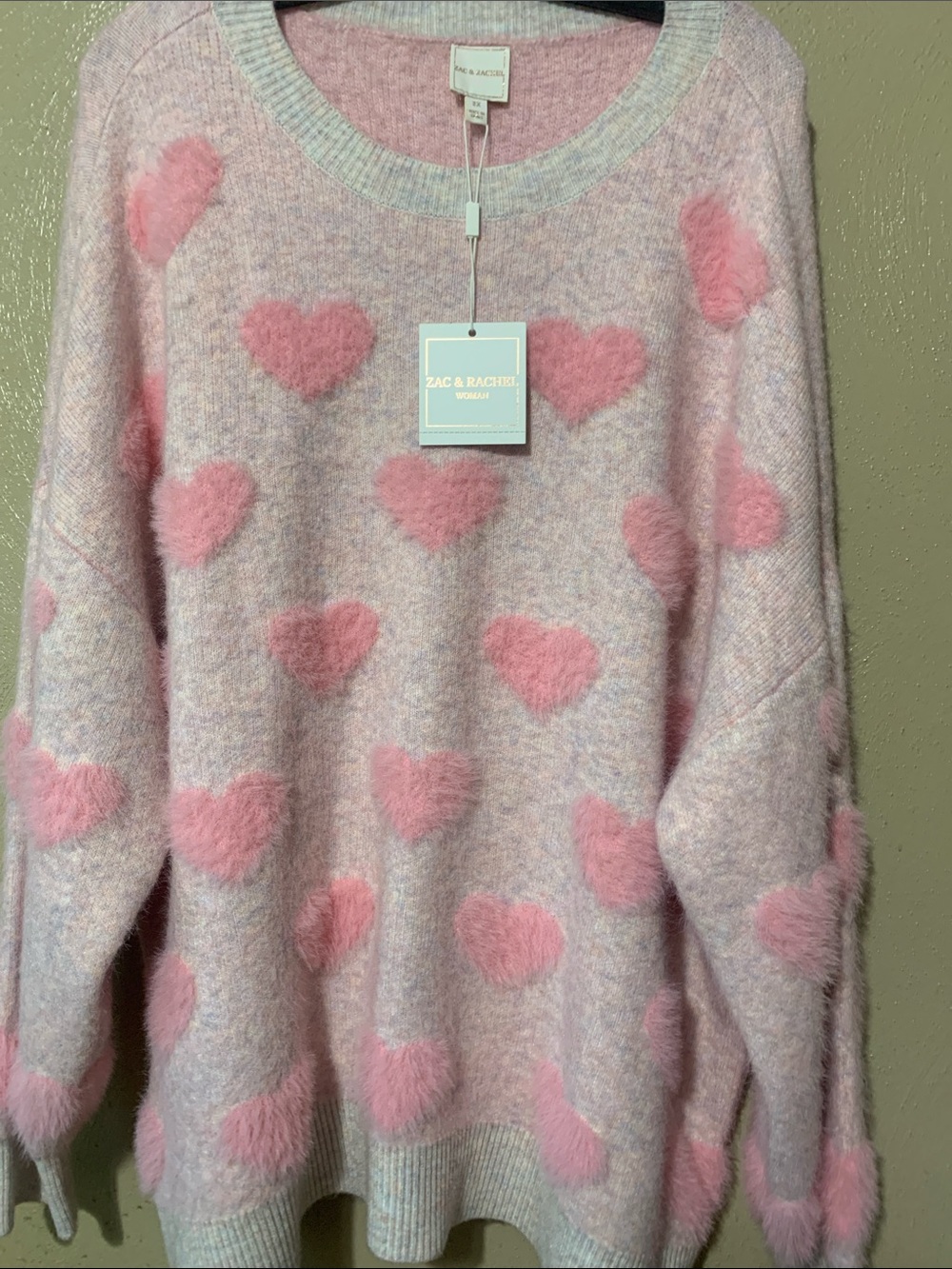 Zac & Rachel 2X Pink Heart Filled Crewneck Sweater NWT - Picture 4 of 5